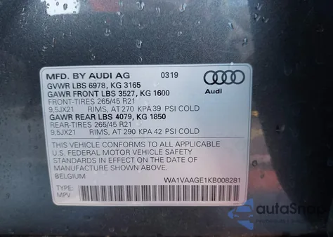 2019 Audi E-Tron Premium Plus z USA, uszkodzony, nr VIN WA1VAAGE1KB008281